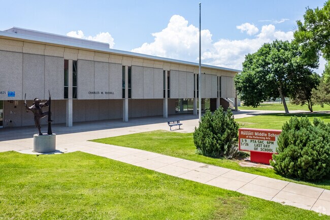 The school sign and entry at Russell Middle School in Vista Grande, Colorado.