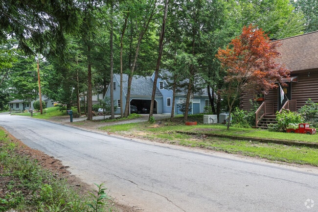 Rows of homes in Webster are surrounded by thick woods.