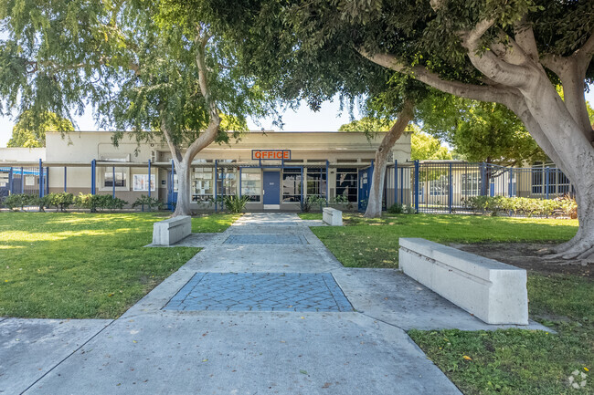 The entrance to Orangethorpe Elementary offers a warm and inviting atmosphere for students.