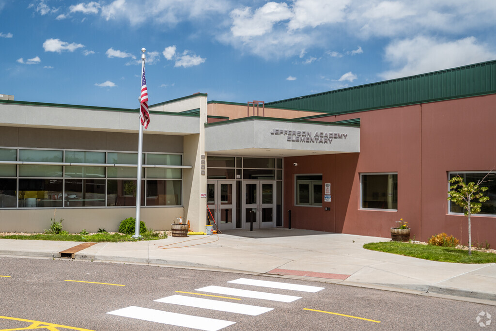 The main entrance at Jefferson Academy Elementary School in Broomfield, Colorado.