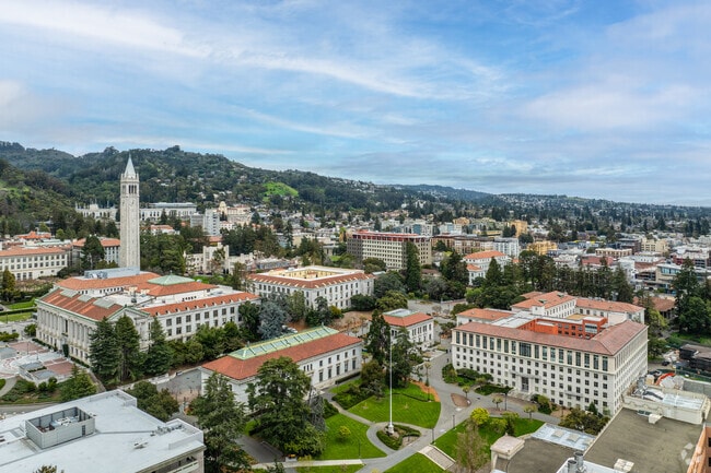 Towering oaks and iconic buildings define the UC Berkeley campus landscape.