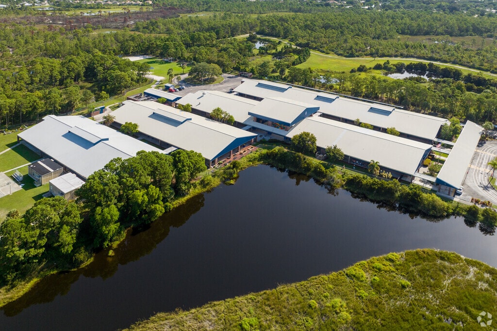 The North River Shores Felix Williams Elementary School Aerial View of lake.