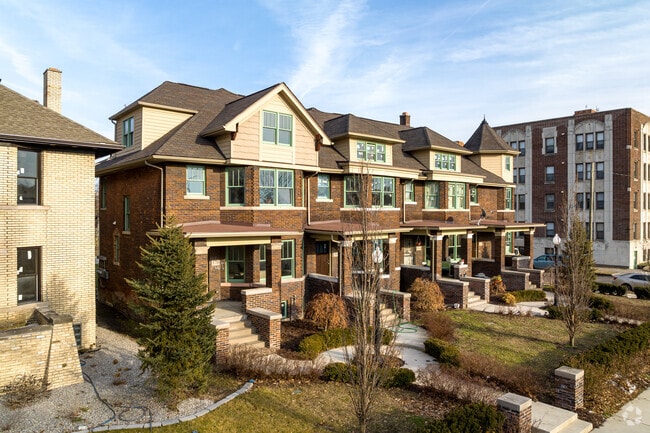 Recently renovated multi-family condominiums are lined up in Islandview, Detroit, MI.