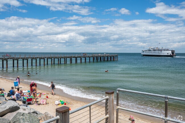 The ferry steams past Dockside Beach in Oak Bluffs