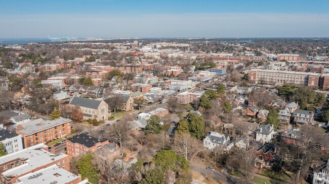 Homes, schools, and downtown Ghent Square can be seen from a bird's eye view of the area.
