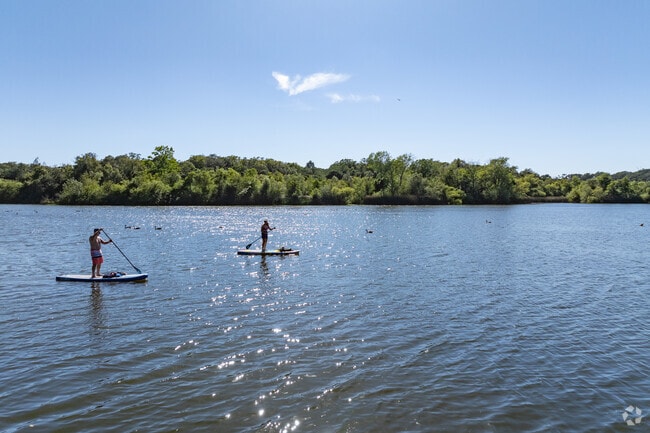 Paddle boarders enjoy the peaceful nature at Spring Lake Park.