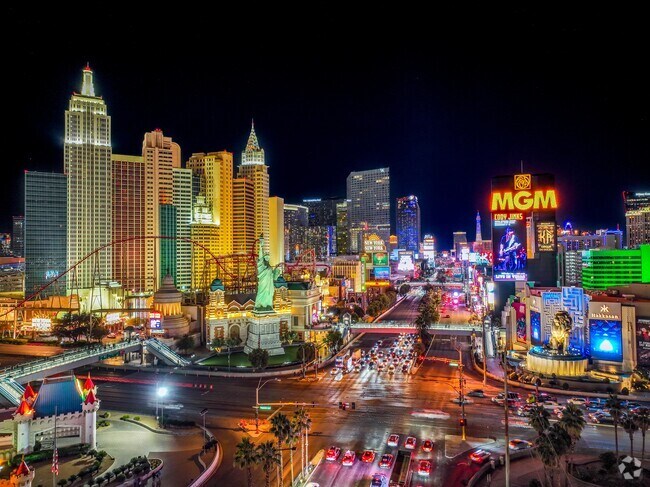The famous Las Vegas Strip hosts the city’s top industries like gaming and tourism.