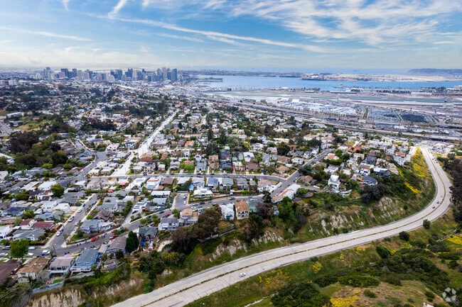 An elevated view of Middletown overlooking San Diego Bay shows the proximity to downtown as well