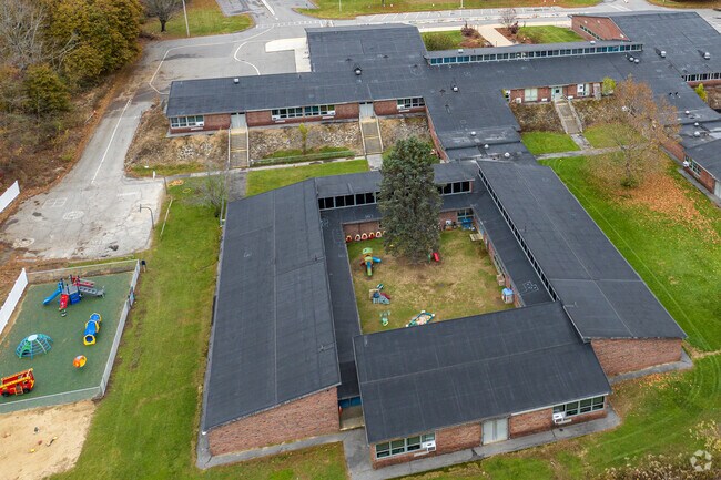 An closeup of the courtyards of the Loella F. Dewing Elementary School in Tewksbury, MA.