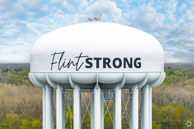 A water tower above the Flint Water Plant proudly celebrates Northeast Flint as 
