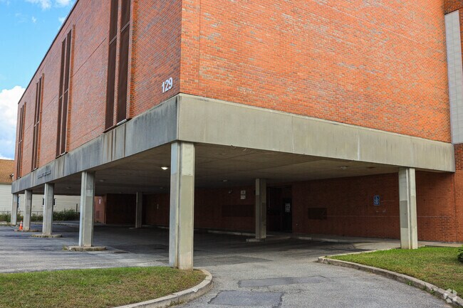 The entrance of Cantebury Street School in Worcester provides shade and shelter.