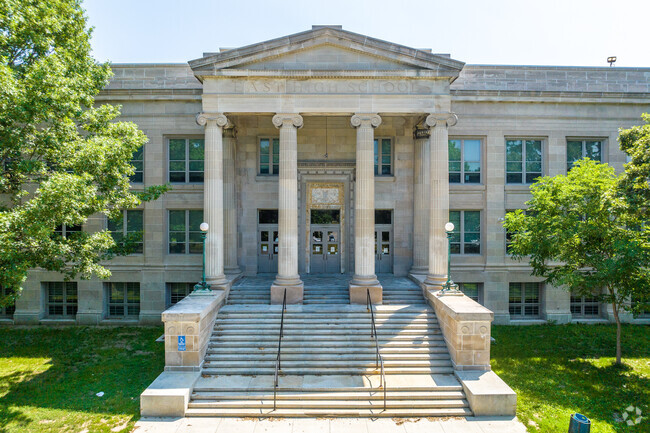 The historical entrance and architecture can be found on the school's west side in Capitol Park.