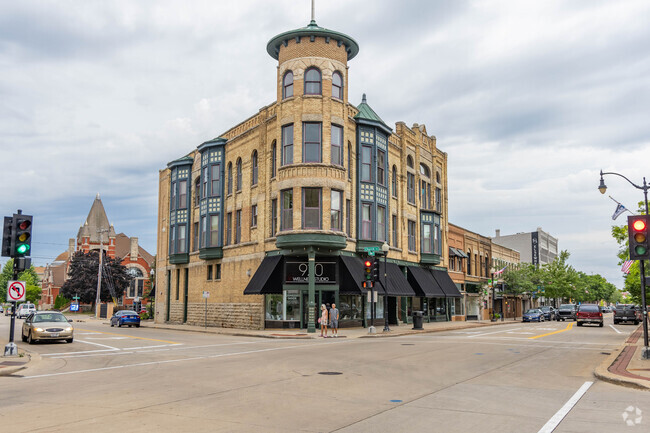 River East features Victorian-style architecture along Main Street, with businesses below.