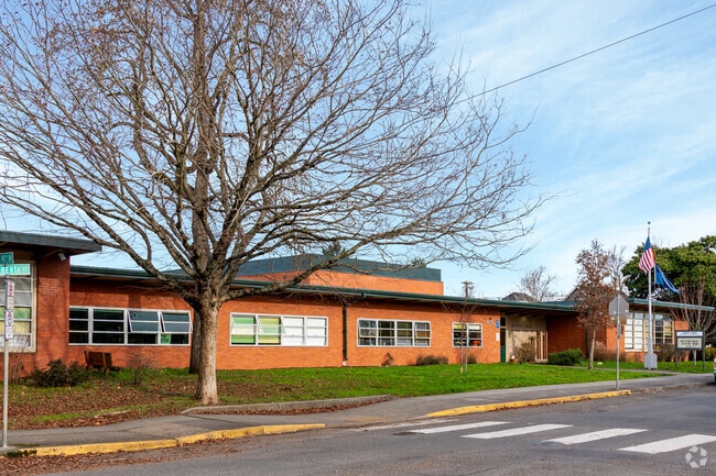 Entrance and grassy area in front of the high school.