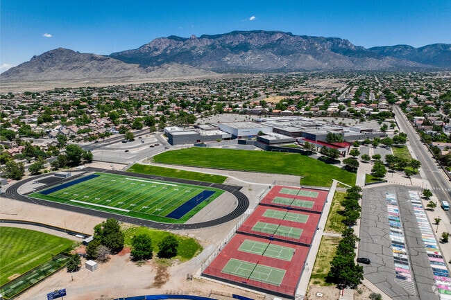 Aerial over La Cueva High School and sports fields.