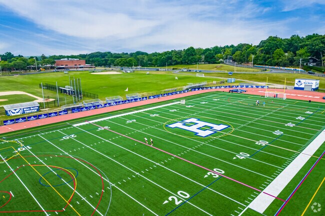 Students practice for game day at Huntington High School in Huntington Station, NY.