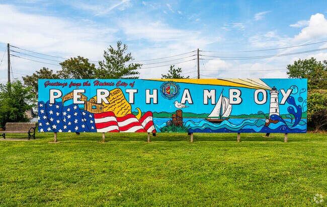The Perth Amboy banner welcome sign is quite colorful and patriotic in Chickentown, Perth Amboy, NJ.