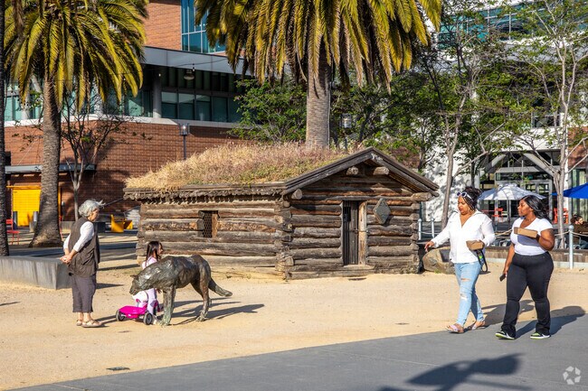 Jack London Square has a replica of the famous writer’s Yukon cabin.