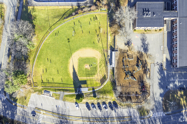 Top-down view of the baseball field and playground at Lt. Peter M .Hansen Elementary School.