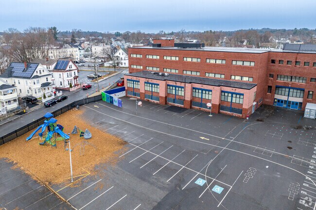 An aerial overview of the playground area of the Arlington Elementary School in Lawrence, MA.