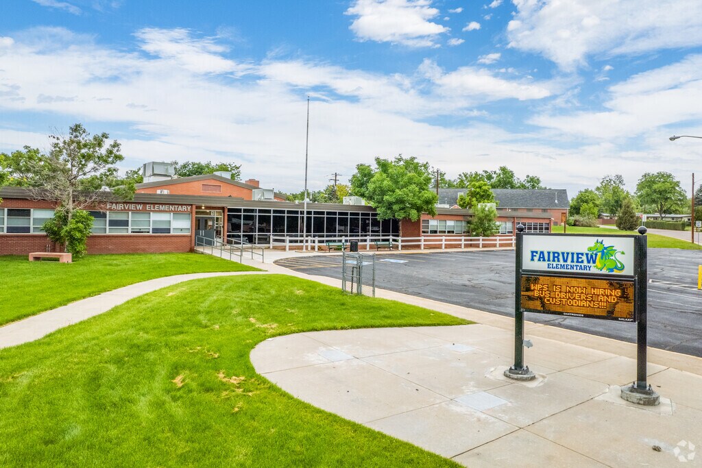 The sign and entrance at Fairview Elementary School in Westminster, Colorado.