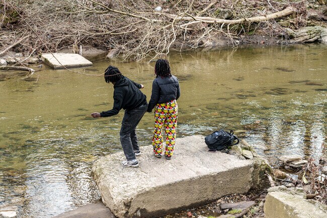A young couple skips stones across Darby Creek on their way home from school.