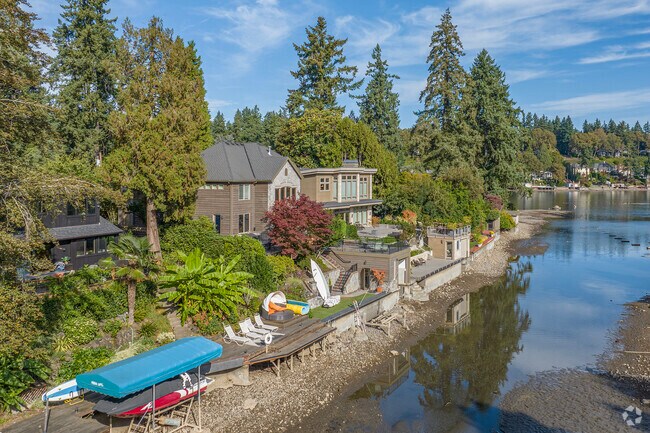 A stunning row of lakeside homes in Blue Heron highlights elegant architecture, serene water views, and proximity to Lake Oswego’s vibrant community attractions.