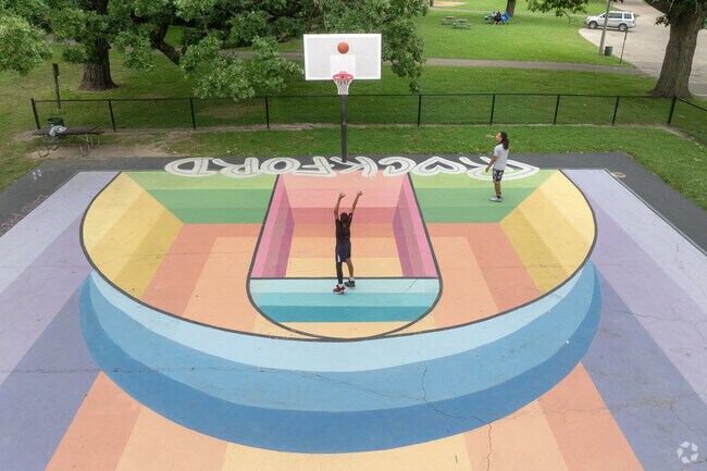 Blackhawk Park includes a beautifully painted basketball court that says Rockford on it.