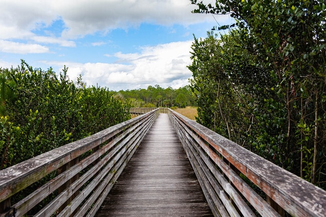 A tree-lined walking bridge in the Acreage community park south expansion.