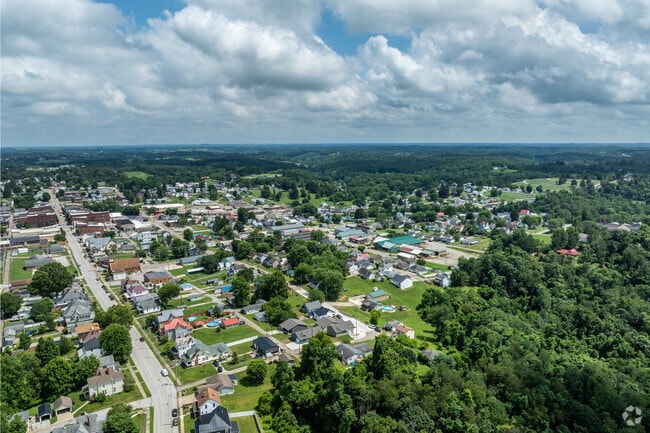 An aerial view of the homes that make up part of Barnesville, Ohio.