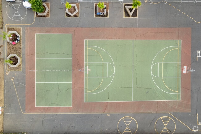 Looking down on the basketball and vollyball courts at the Vernon School.