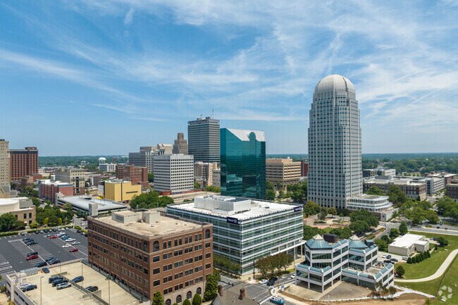 An aerial view of downtown Winston-Salem in Abbotts Creek.