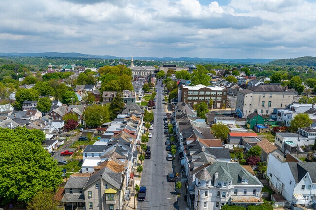 Aerial view of colorful rowhomes in Easton