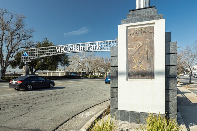 McClellan Park overhead sign welcomes those who drive under it near Foothill Farms.