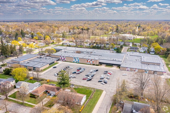 Aerial view of the Dwight Rich School of the Arts in the Colonial Village neighborhood