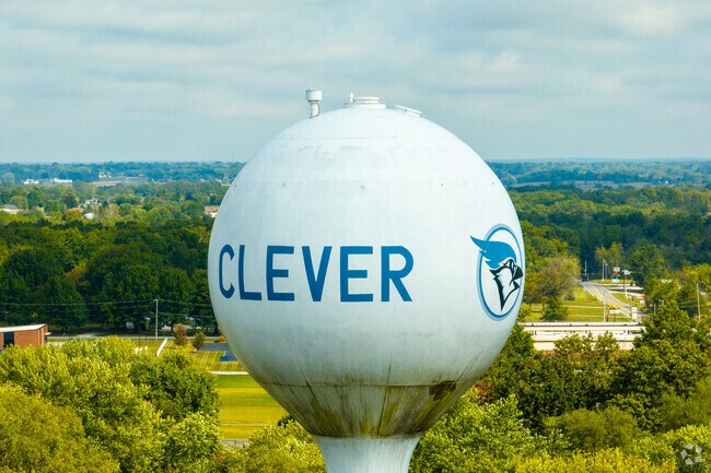 The Clever water tower features the town’s Bluejay mascot and overlooks nearby neighborhoods.