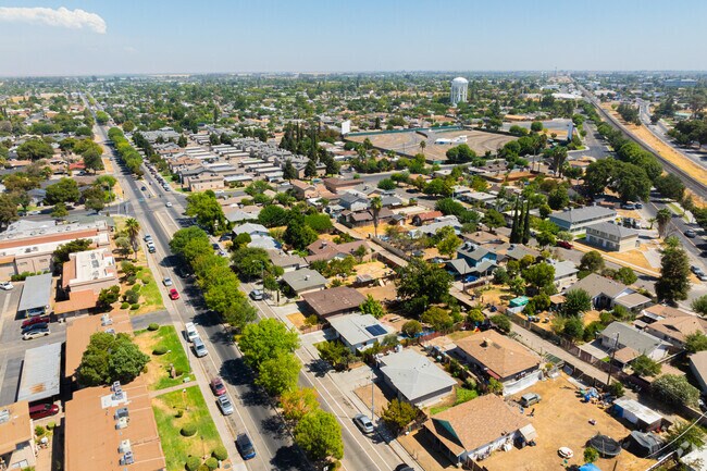 A high aerial shot reveals the calm streets and homes of North Madera.