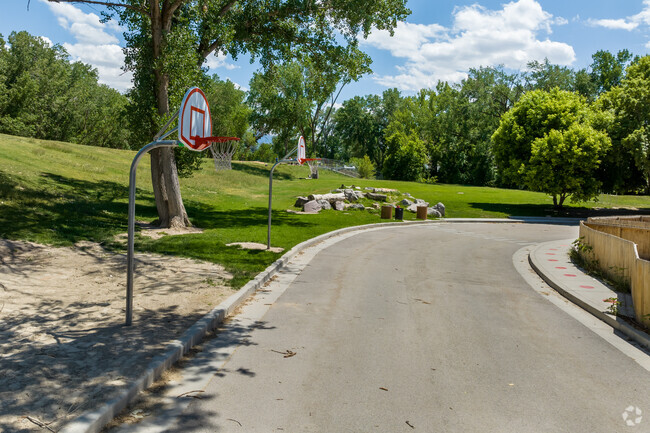 Basketball hoops with asphalt on one side and a green, grassy hill on the other at Wasatch Chart