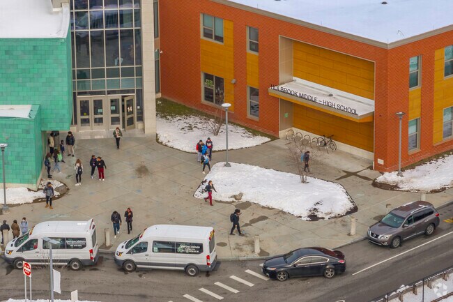 The main entrance to Holbrook Junior/Senior High School in Holbrook, MA.