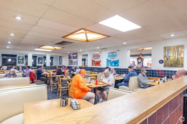 Brigitte's Cafe has a classic diner feel and breakfast all day near Colonial Gardens.