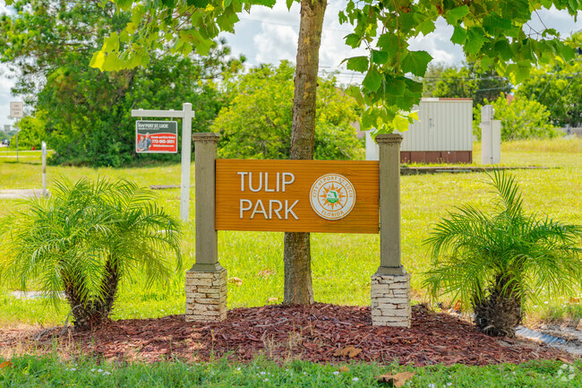 Tulip Park sign can be found at the entrance of the community.