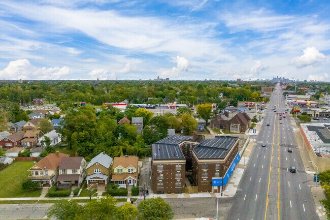 Homes in Oakman Boulevard Community are lined up along W. Grand River toward downtown Detroit.