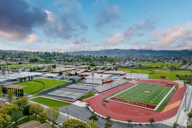 An overview of the athletic fields and campus of Los Altos High School.