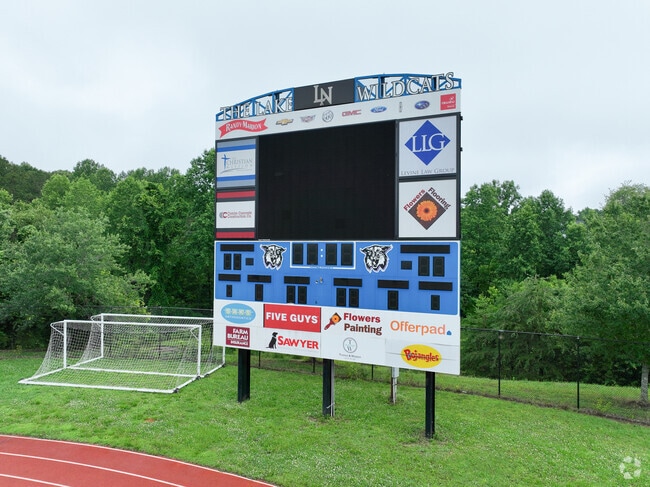 The scoreboard at Lake Norman High School shows all the local business support.
