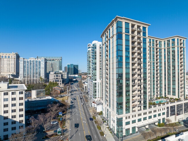 You'll find high-rise condos and apartments, stores, and restaurants on Peachtree Rd.