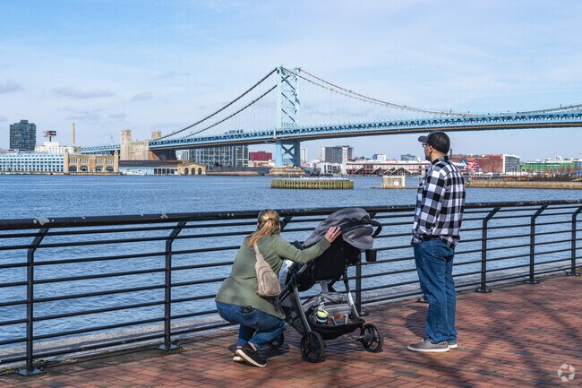 Cooper Grant's walking path along the Delaware River provides views of the Ben Franklin Bridge.