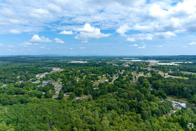 Adairville, GA has lots of greenery, and low mountains in the near distance.