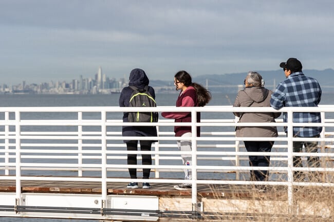 Onlookers waiting for the Harbor Bay Ferry in Alameda enjoy panoramic views of San Francisco.
