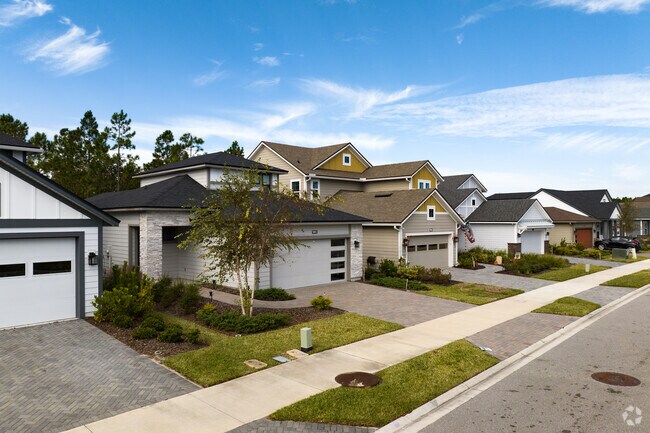 Homes in eTown have modern appearances but vary in style and color.