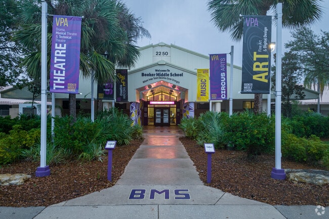 Aerial view of the main entrance to Booker Middle School.